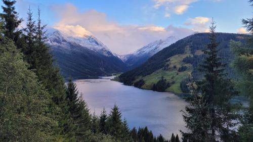 a view of a river in a valley with mountains at Haus Grübl in Wald im Pinzgau
