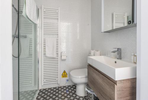 a bathroom with a toilet and a sink and a shower at Landward Cottage Isle of Wight in Niton