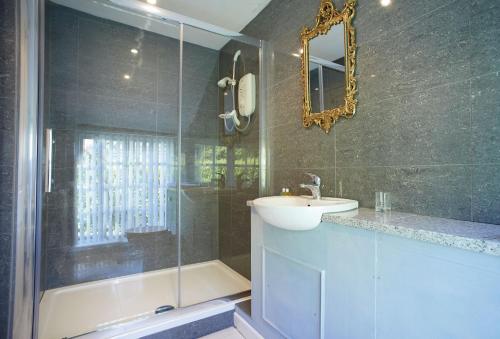 a bathroom with a shower and a sink and a mirror at Spring Water Barn in Helston