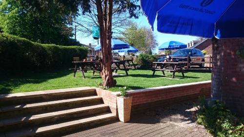 a group of picnic tables with blue umbrellas in a park at Waverley Inn in Newport