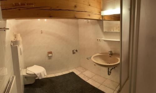 La salle de bains est pourvue d'un lavabo et de toilettes. dans l'établissement Au Alm, à Söll