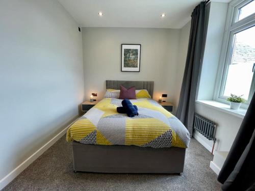 a bedroom with a bed and two windows at Stylish central apartment for 2 people free parking in Cardiff