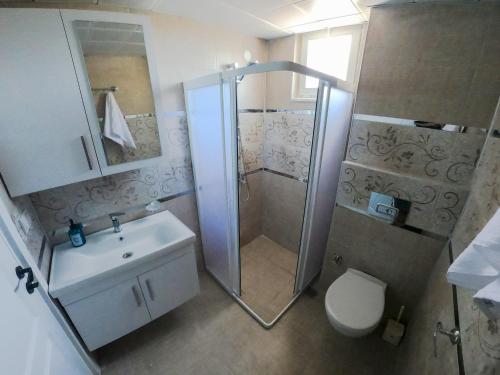 a bathroom with a shower and a toilet and a sink at Doğa Apart in Ortaca