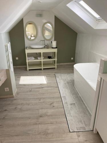 une salle de bain avec un lavabo et un grand miroir dans l'établissement Gite de la bergerie du gatinais ***, à Obsonville