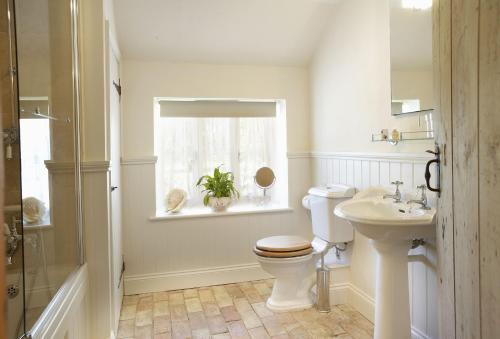 a bathroom with a toilet and a sink and a window at Pear Tree Cottage Norfolk in Little Barningham