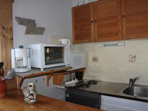 uma cozinha com um balcão com um micro-ondas e um lavatório em Apartment Namasté by Interhome em Les Villards-sur-Thônes