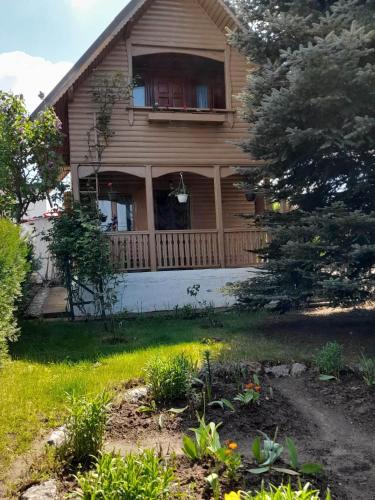 a house with a porch and a yard at Cabana Timeea in Ostrovu Corbului
