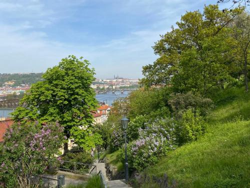 a view of a river from a hill with trees and flowers at Holiday Home Hawaii Style by Interhome in Prague