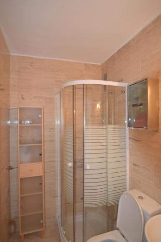 ein Bad mit einer Dusche und einer Glastür in der Unterkunft Candelaria - Rest Apartment / Sea view in Candelaria