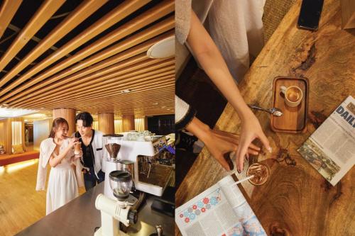 a bride and groom standing at a counter in a coffee shop at Arck Hotel in Bangkok