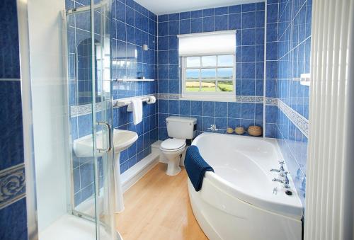 a blue tiled bathroom with a tub and a toilet at Rhiwelli in Dinas