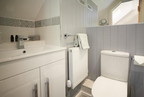 a white bathroom with a toilet and a sink at Orchard View 