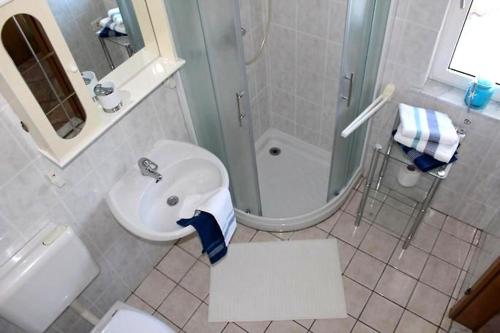 a bathroom with a sink and a toilet and a shower at Apartments Fičur with Swimming Pool & Grill, Portorož in Portorož