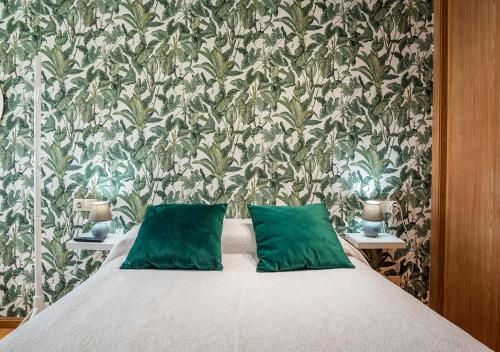 坎加斯－德奧尼斯的住宿－Apartamento Irene céntrico con Wifi y parking coche tamaño medio Cangas de Onís，卧室内的一张带两个绿色枕头的床