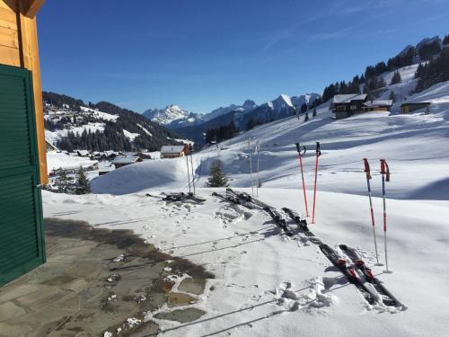 a group of skis and poles in the snow at Chalet Martens by Interhome in Les Crosets