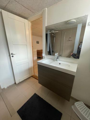 uma casa de banho com um lavatório e um espelho em kabyssen em Viborg
