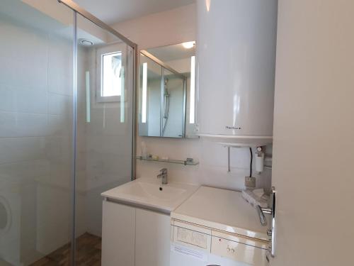 a white bathroom with a sink and a shower at Apartment L' Hermine by Interhome in Saint-Jouan-des-Guérets