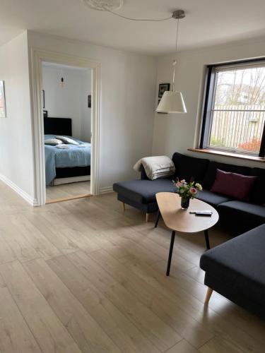 een woonkamer met een bank, een tafel en een bed bij Søglimt in Viborg
