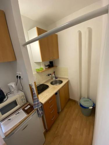 a small kitchen with a sink and a microwave at Apartmán U Mendláku in Brno
