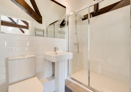 een badkamer met een toilet, een wastafel en een douche bij High Mill in Beadnell
