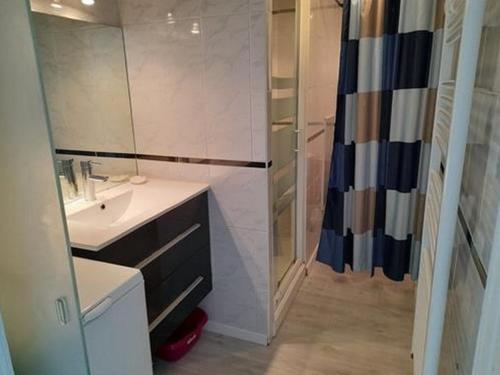 une salle de bain avec un lavabo et une douche dans l'établissement Studio face mer avec balcon-véranda, parking privé, criques à proximité, accueil petits chiens - FR-1-324-32, à Saint-Hilaire-de-Riez