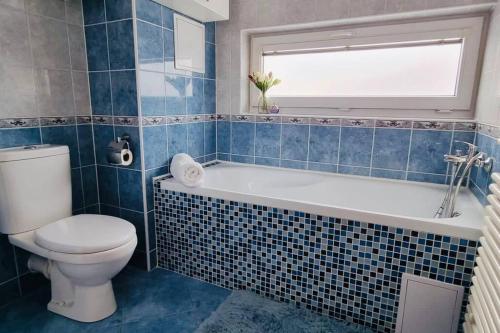 a blue tiled bathroom with a toilet and a tub at Apartmán s terasou in Tábor