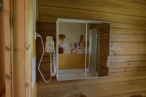 um espelho numa parede com um telefone num quarto em Dvarčėnų dvaras em Dvarčėnai