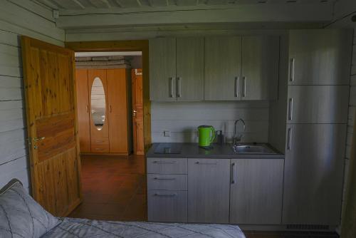 a kitchen with a sink and a refrigerator at Dvarčėnų dvaras in Dvarčėnai