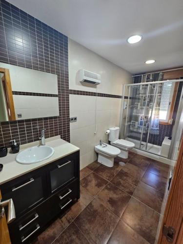 ein Badezimmer mit einem Waschbecken, einem WC und einem Spiegel in der Unterkunft Casa vistas a la ría in Moaña