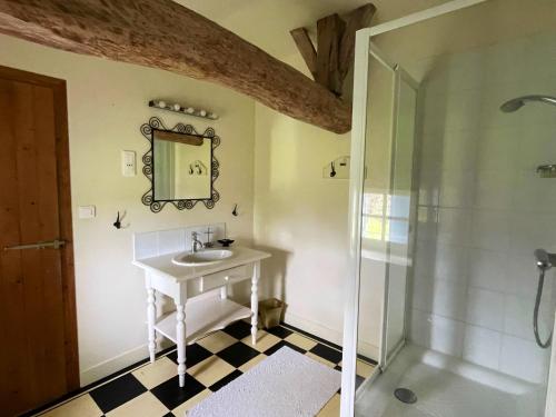 bagno con lavandino, specchio e doccia di Maison de 3 chambres avec jardin clos et wifi a Saint Palais du Ne 