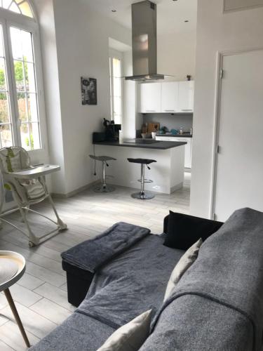 un salon avec un canapé et une cuisine dans l'établissement appartement Menton au coeur de la vieille ville, à Menton