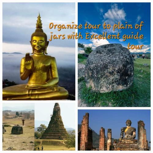 a collage of photos of different temples and monuments at Sipanya Guesthouse in Muang Phônsavan