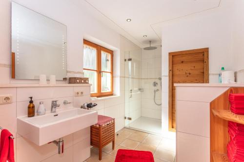 un bagno con lavandino e doccia di Leitnerhof a Bad Reichenhall