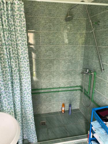 a shower with a glass door in a bathroom at Kamp jezero Stari Brod 