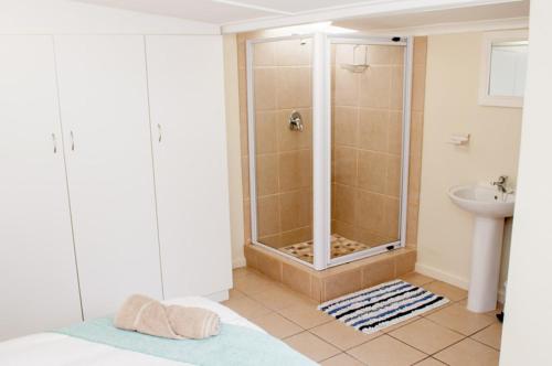 ein Bad mit einer Dusche und einem Waschbecken in der Unterkunft Barefoot Lodge, Mossel Bay in Mossel Bay