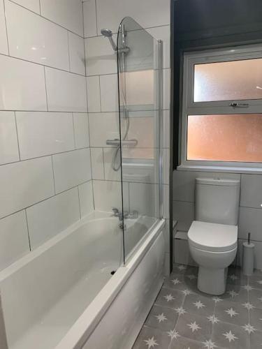 a bathroom with a tub and a toilet and a window at The Court in Belfast