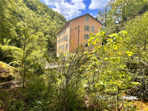 a large building in the middle of a forest at Notre-Dame d'Escouloubre Sources d'eaux chaudes privées et sauna in Escouloubre