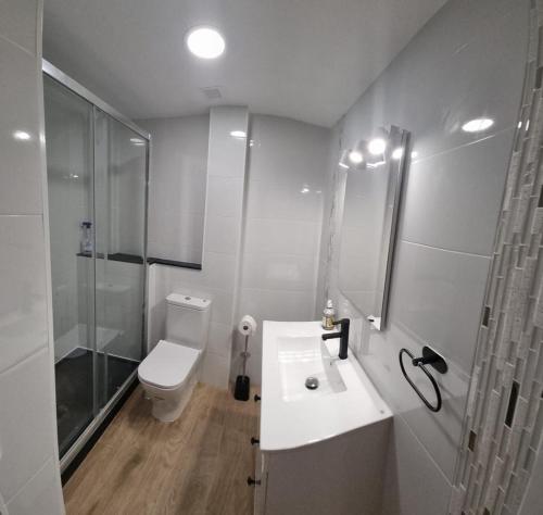 a bathroom with a sink and a shower and a toilet at Apartamento Cuevas in Fuengirola