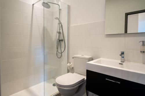 uma casa de banho com um chuveiro, um WC e um lavatório. em Maison Ventoux em Carpentras