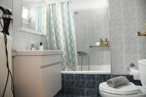W łazience znajduje się toaleta, umywalka i prysznic. w obiekcie Amazing Apartment w mieście Seres