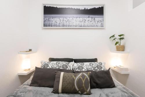 een slaapkamer met een bed met kussens en een foto aan de muur bij Camarote de Algetares 2 in Algeciras