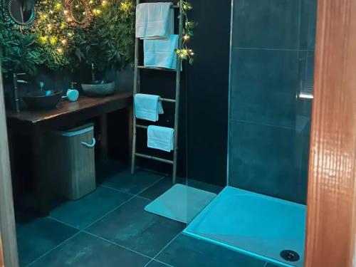 a bathroom with a shower with blue mats on the floor at Escapade Zen Oasis Tropicale Spa Privatif in Loon-Plage