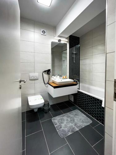 a bathroom with a sink and a toilet and a tub at Alegria Avantgarden Brasov in Braşov