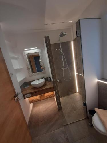 une salle de bain avec douche et lavabo dans l'établissement Hochalmbahnen Chalets Rauris 1-06 WE2 Maislaufeldweg 1g EG, à Rauris