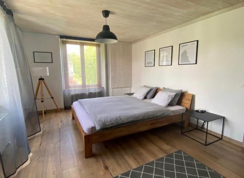 ein Schlafzimmer mit einem großen Bett und einem Fenster in der Unterkunft Hostellerie des Princes-Evêques - La Fleur de Lys in Pruntrut