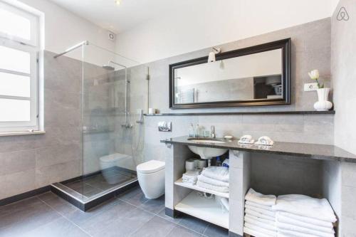 y baño con lavabo, ducha y espejo. en Stylish Penthouse With Large Terrace en Most na Soči