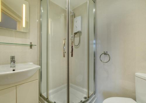 a bathroom with a shower and a toilet and a sink at 2a Mariners Apartments in St Ives