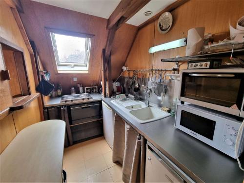 une petite cuisine avec un évier et un micro-ondes dans l'établissement Chalet 5 pers avec balcon, animaux admis, garage, Chaillol 1600 - FR-1-393-13, à Saint-Michel-de-Chaillol