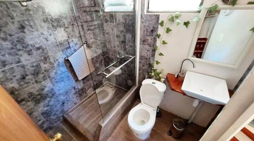 La salle de bains est pourvue d'une douche, de toilettes et d'un lavabo. dans l'établissement Lircaydomohostal - Domo 40m2 para 4 personas, à Talca