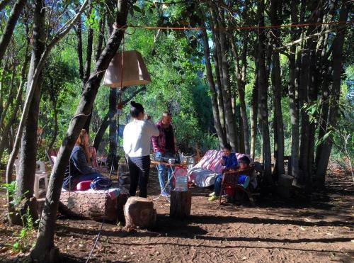 a group of people sitting in the woods at Lircaydomohostal - Domo 40m2 para 4 personas in Talca
